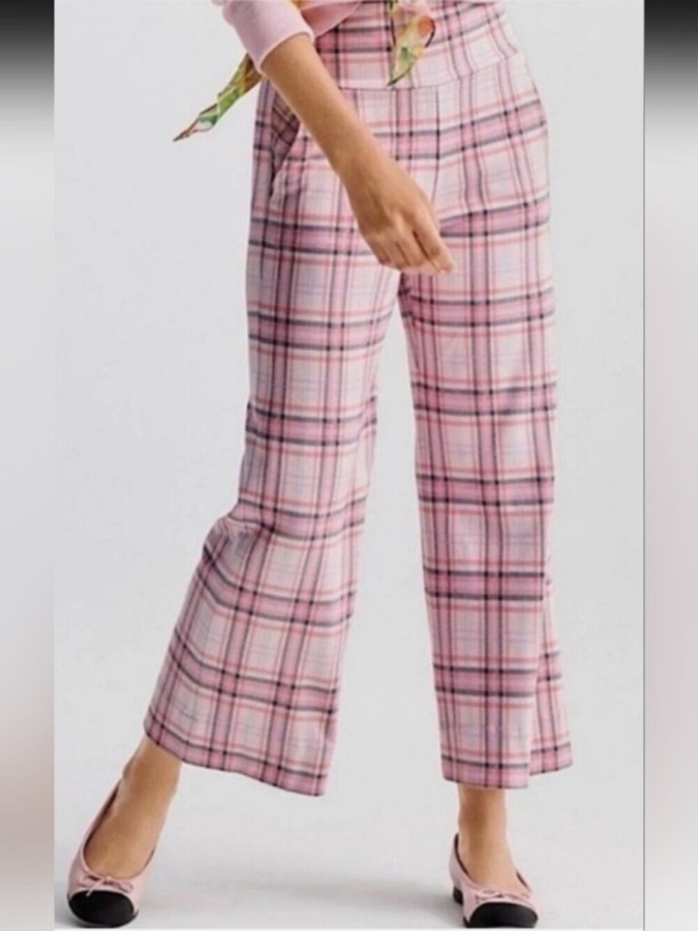Cabi Playdate cropped knit pants pink gray plaid stretch wide leg new Medium